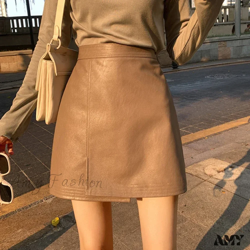 PU Sexy Solid Split Fashion Asymmetrical Casual Slim High Waist Skirt - Image 5