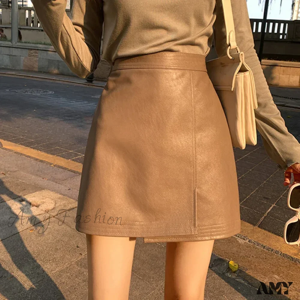 PU Sexy Solid Split Fashion Asymmetrical Casual Slim High Waist Skirt - Image 6