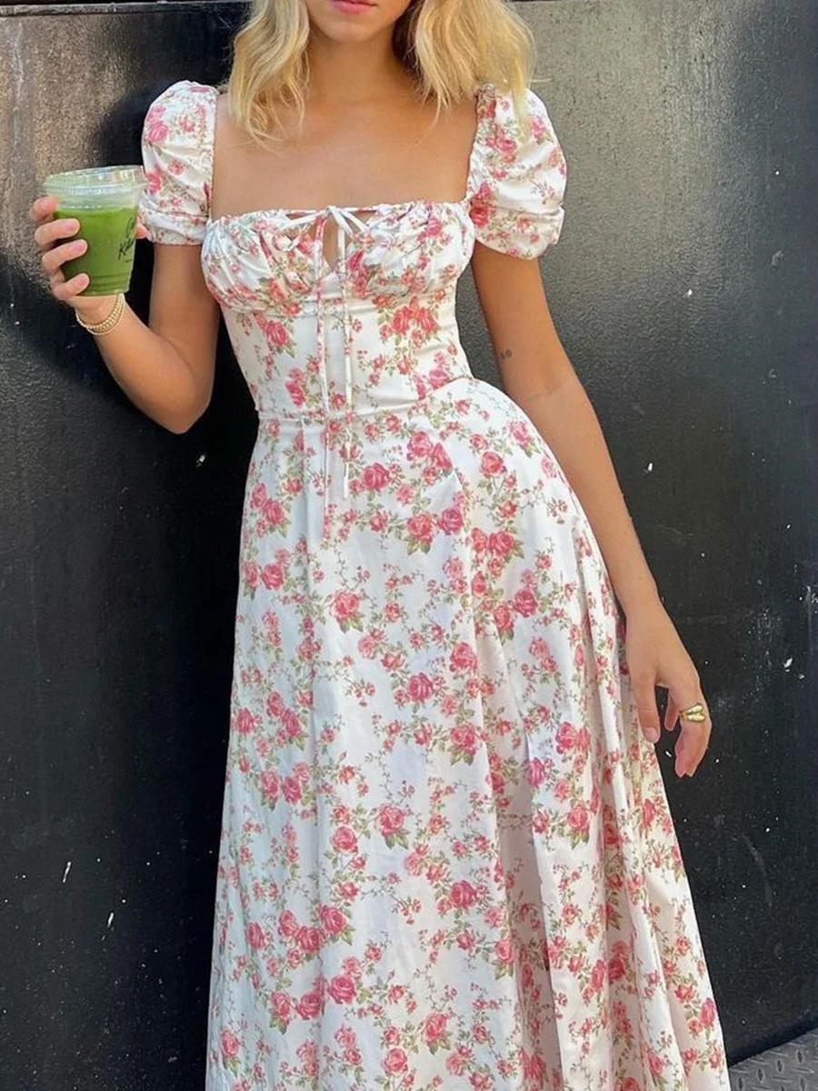 Puff Sleeve A-Line Floral Dress - Image 2