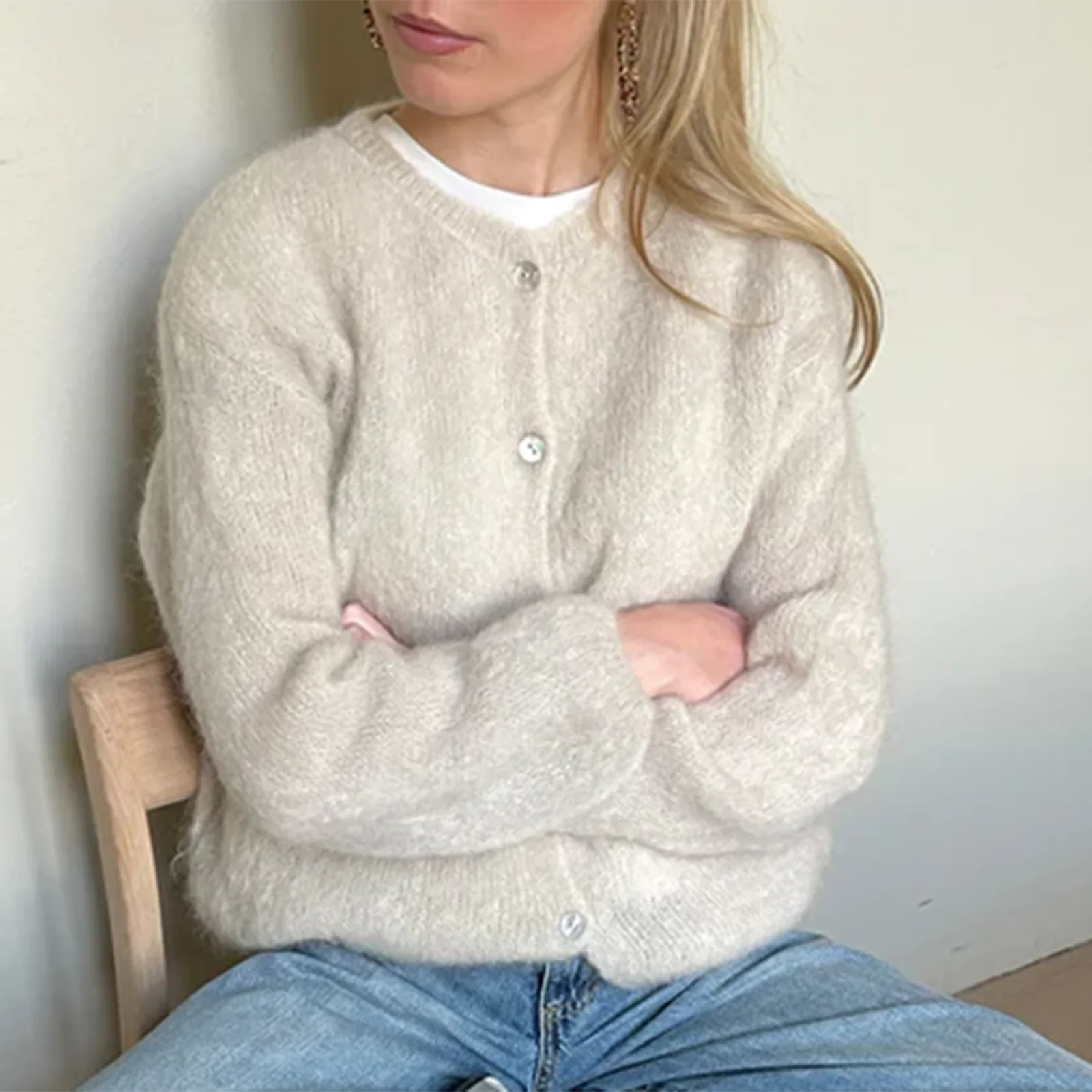 Puffy Open Front Button Knit Cardigan - Image 3