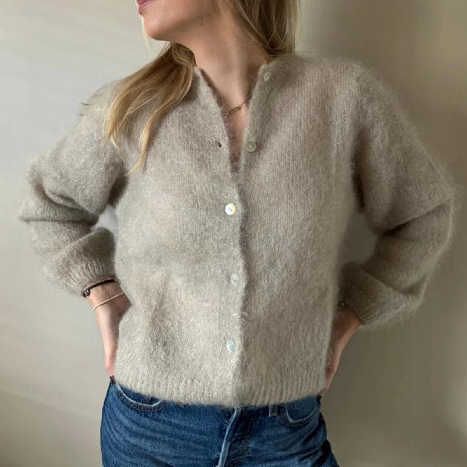 Puffy Open Front Button Knit Cardigan - Image 4