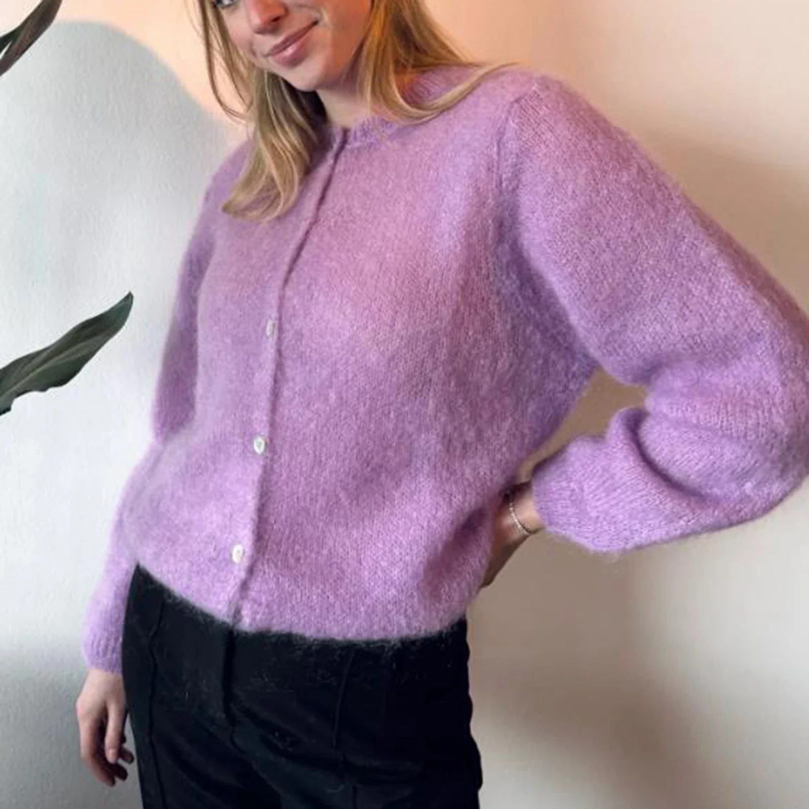 Puffy Open Front Button Knit Cardigan - Image 5
