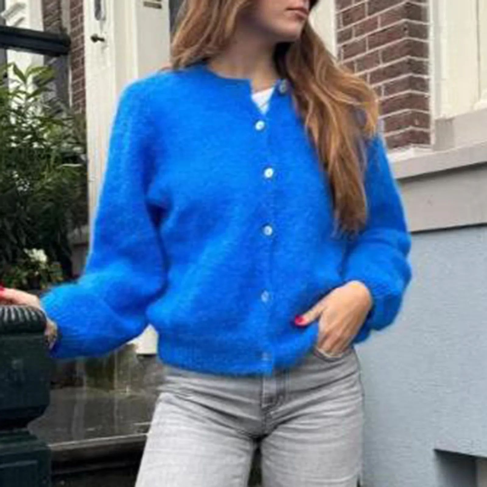 Puffy Open Front Button Knit Cardigan - Image 6
