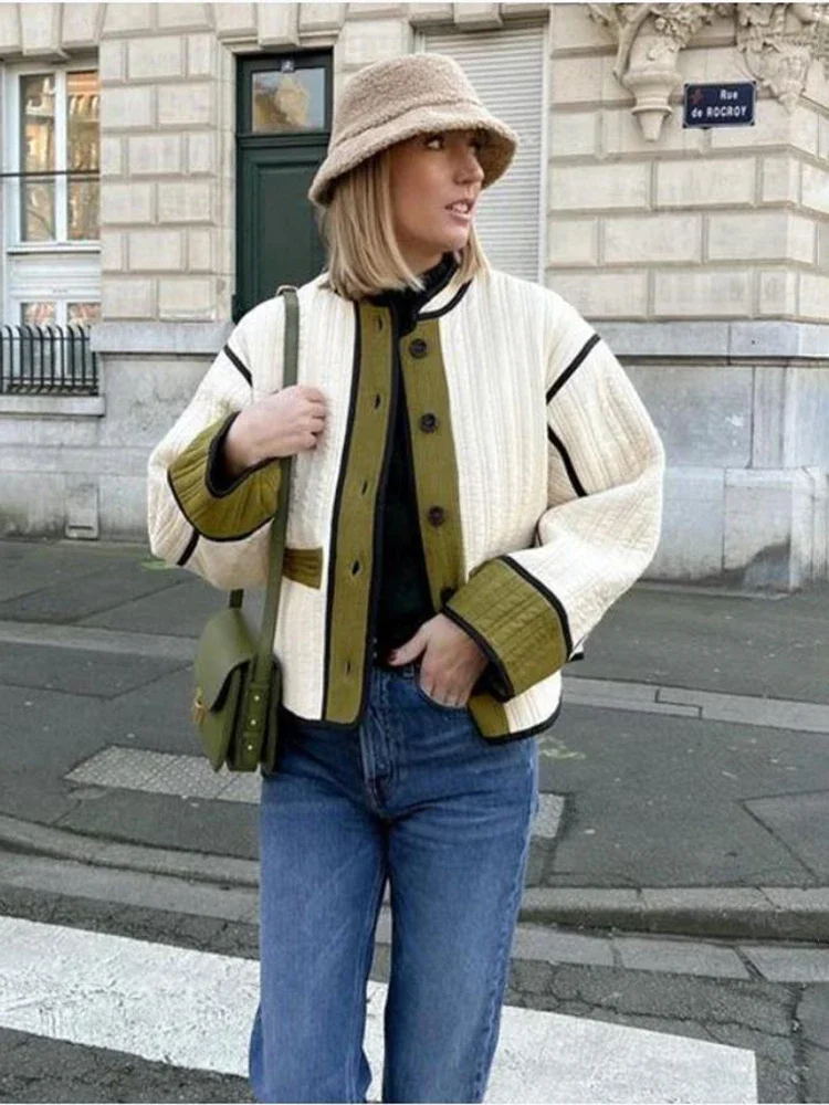 Quilted Contrast Cotton Casual Coat - Image 4