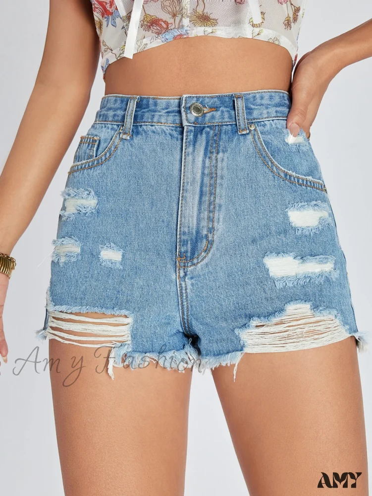 Amy Fashion - Raw Hem Distressed Denim Shorts - Image 3