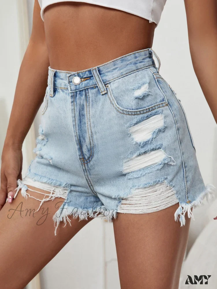 Amy Fashion - Raw Hem Distressed Denim Shorts - Image 6