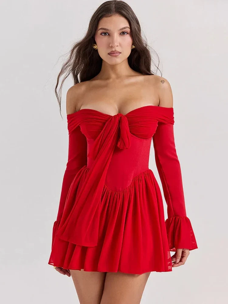 Red Strapless Flare Pleated Bodycon Dress
