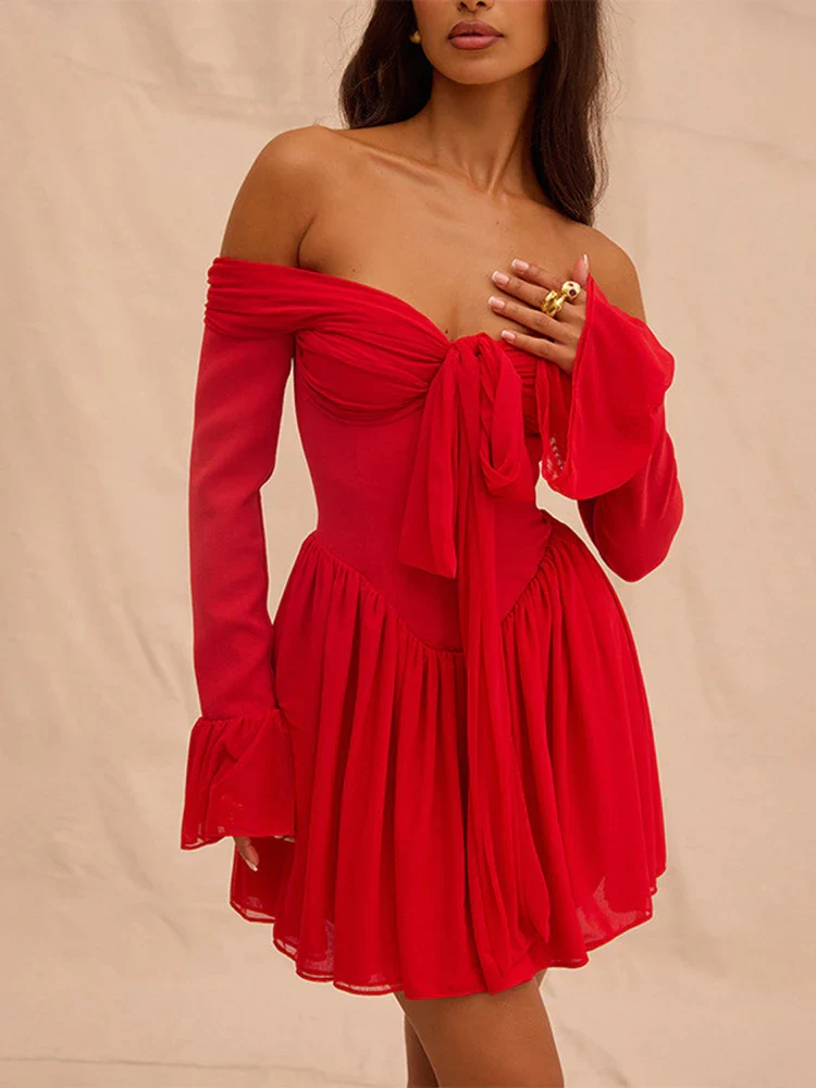 Red Strapless Flare Pleated Bodycon Dress - Image 4