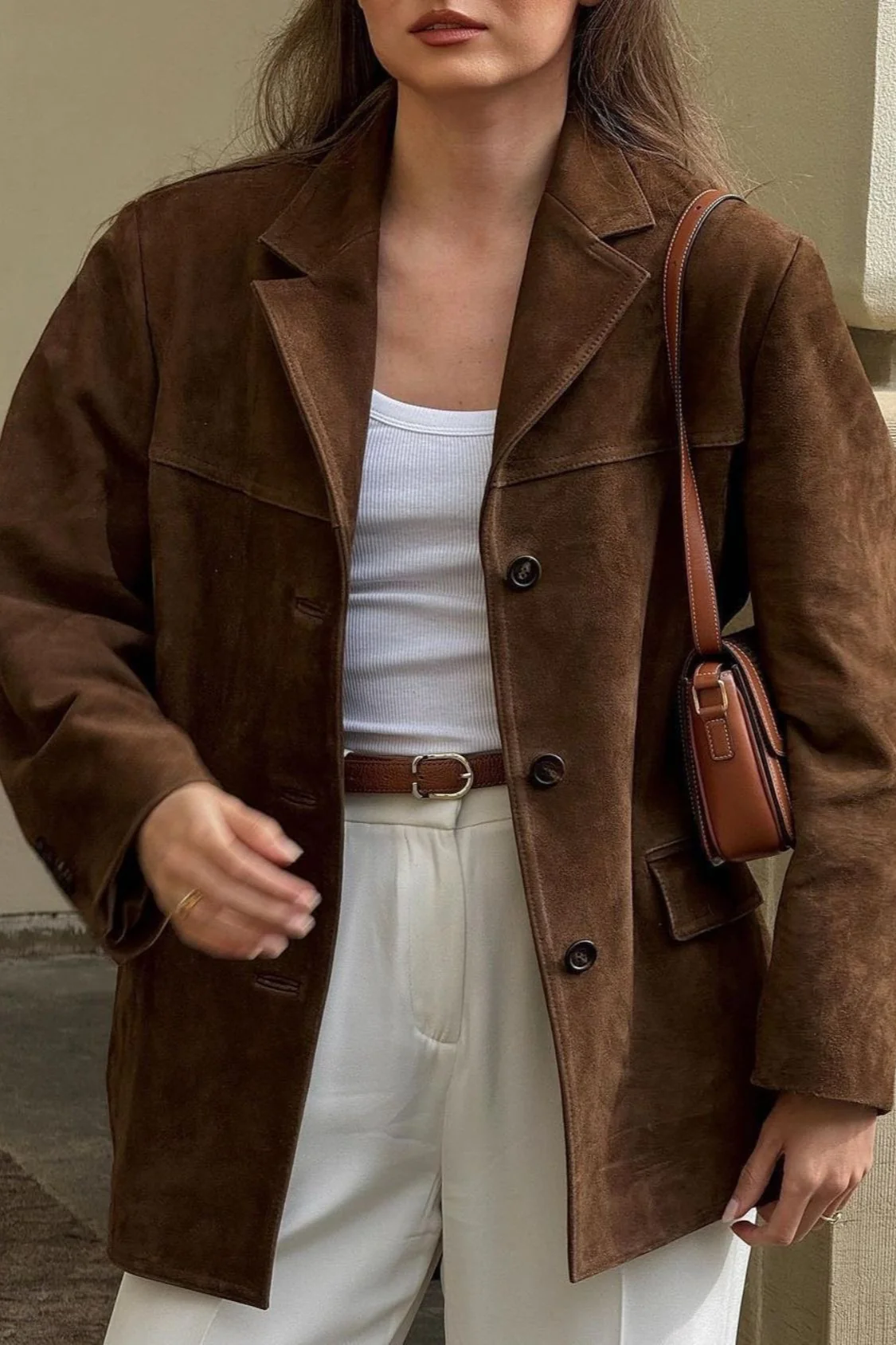 Retro Brown Faux Suede Blazer Jacket - Image 2