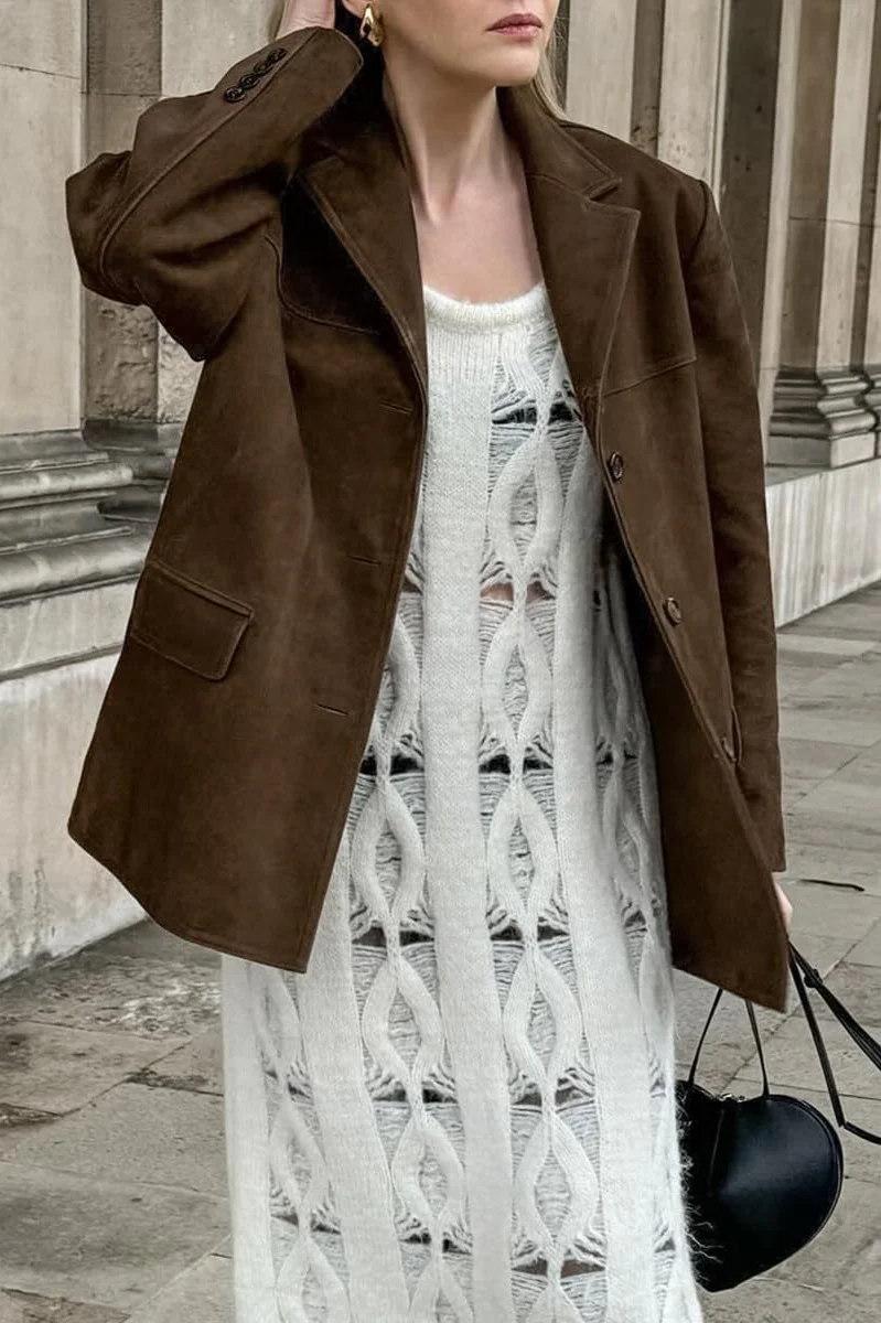 Retro Brown Faux Suede Blazer Jacket - Image 3
