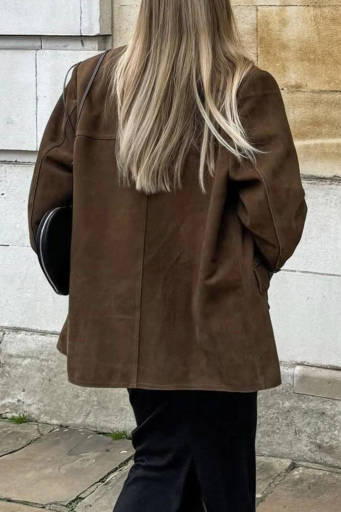 Retro Brown Faux Suede Blazer Jacket - Image 4