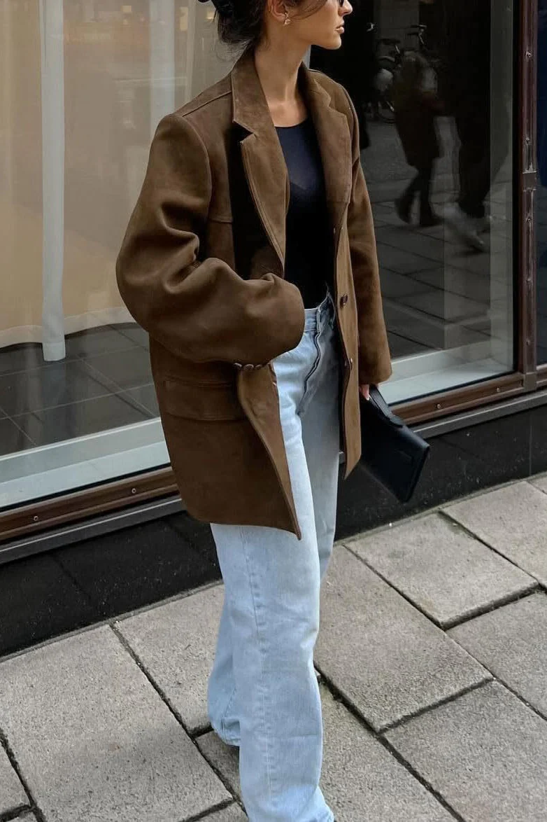 Retro Brown Faux Suede Blazer Jacket - Image 6