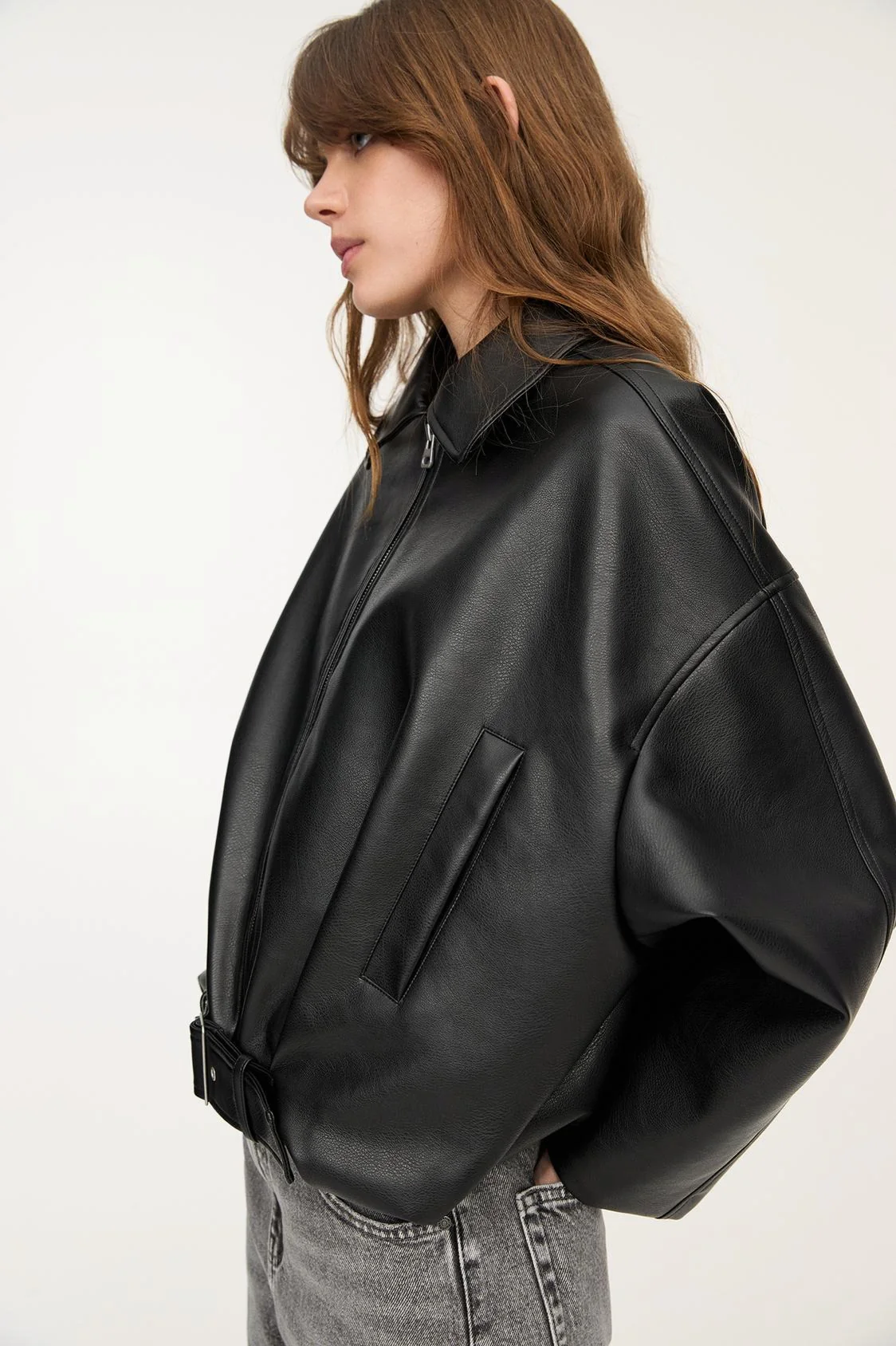 Retro Casual Faux Leather Bomber Jacket - Image 2