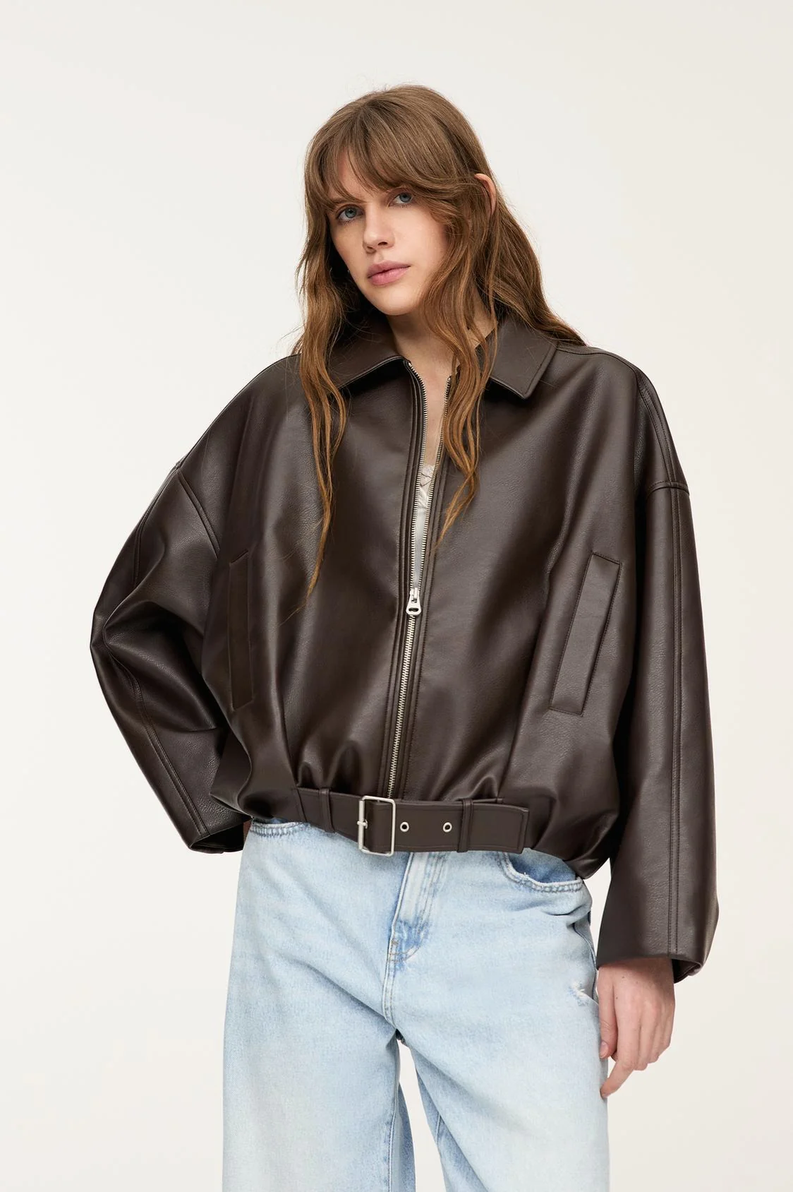 Retro Casual Faux Leather Bomber Jacket - Image 5