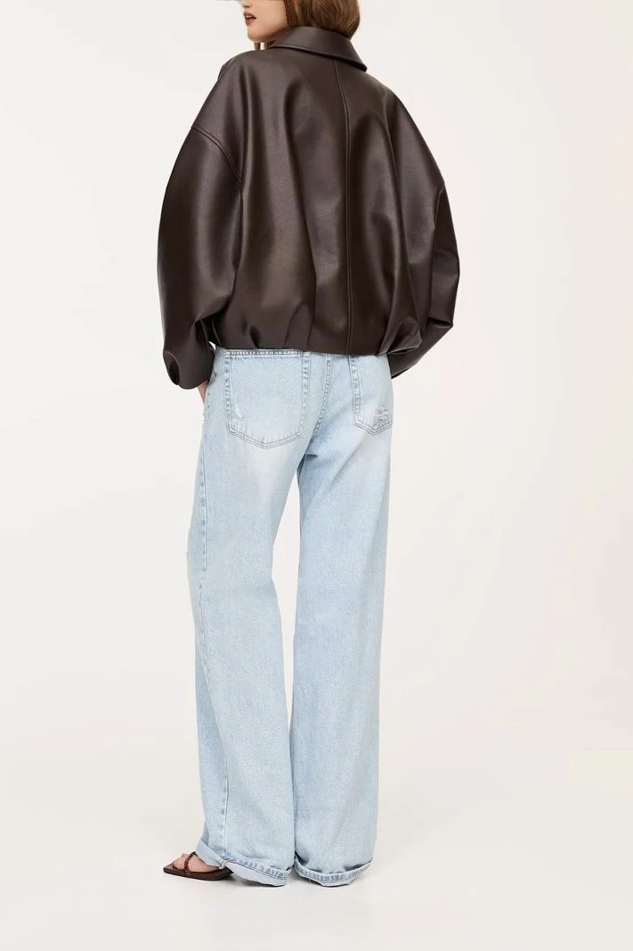 Retro Casual Faux Leather Bomber Jacket - Image 6