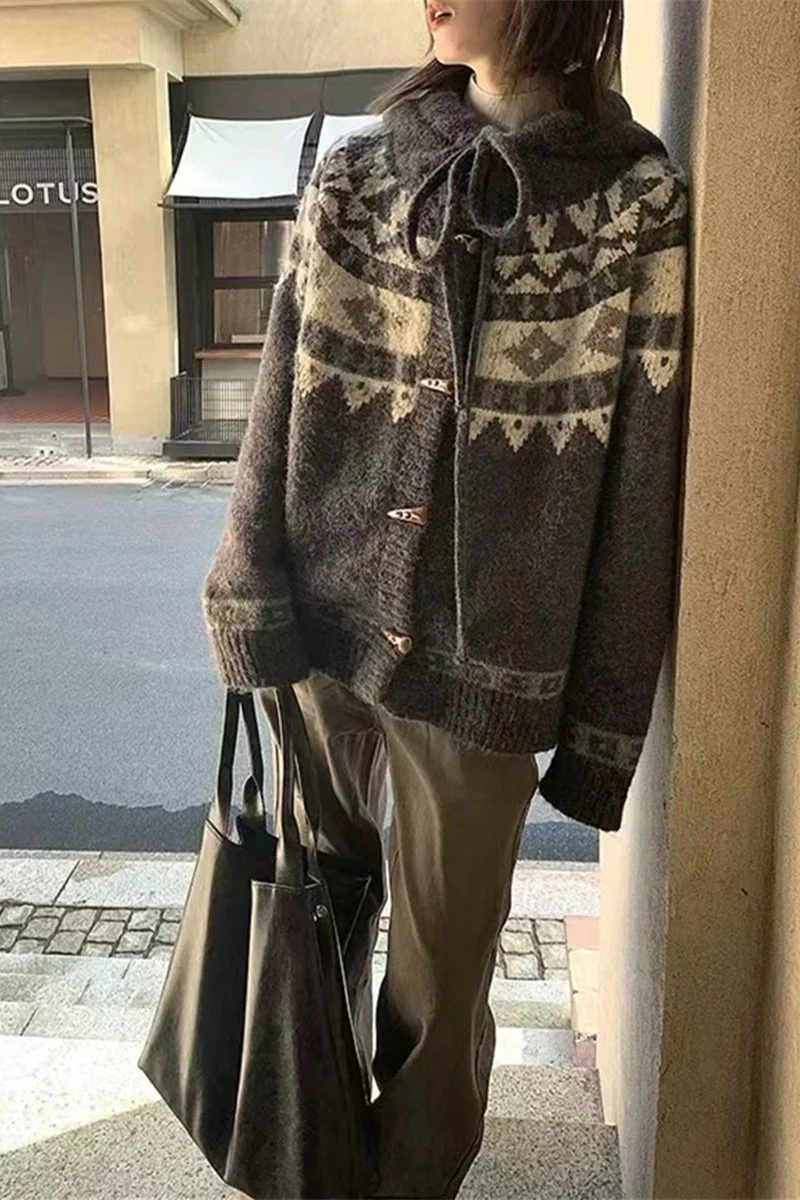 Retro Fair Isle Hooded Horn Button Loose Knit Cardigan - Image 2