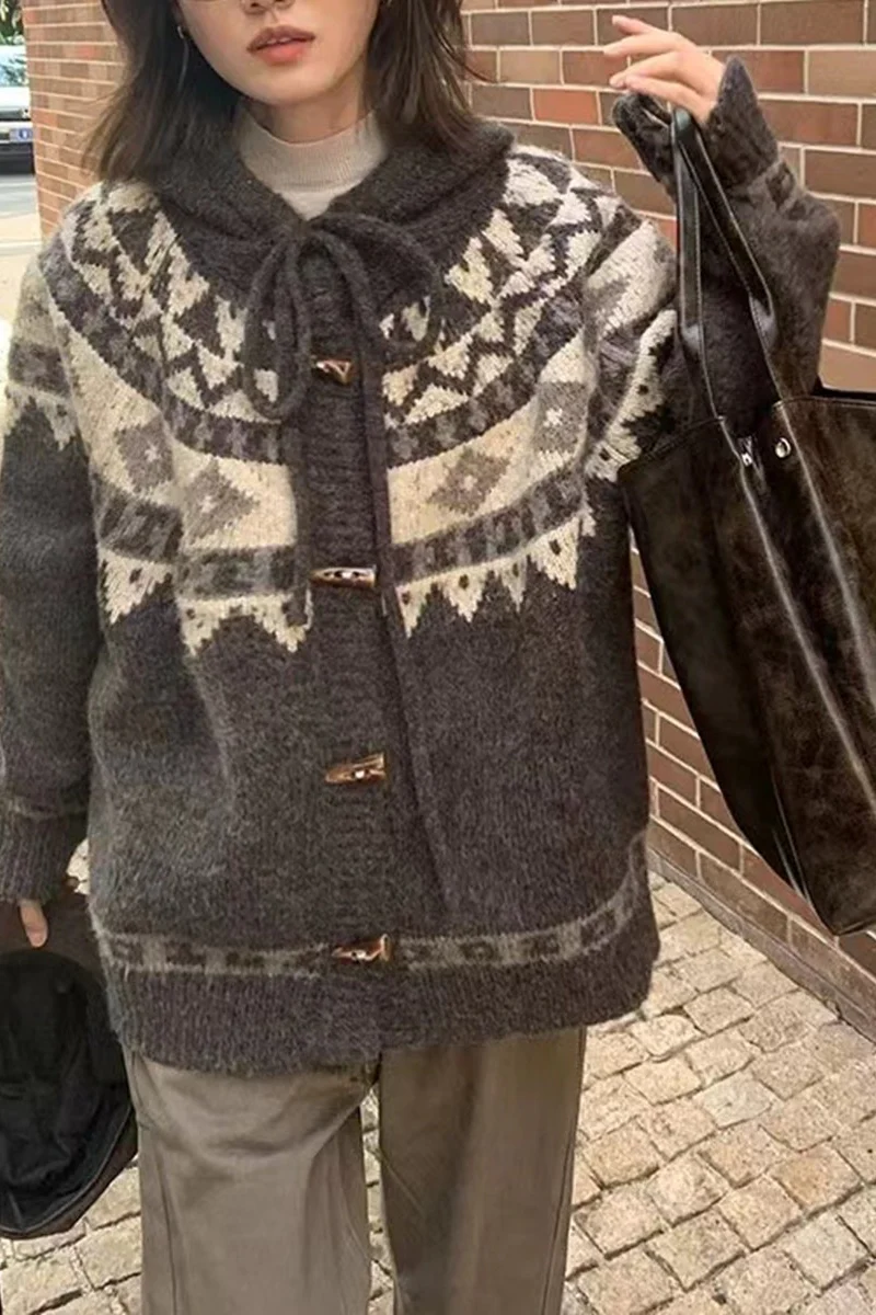 Retro Fair Isle Hooded Horn Button Loose Knit Cardigan - Image 4