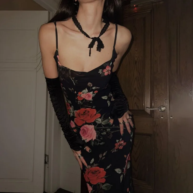 Retro Floral Backless Slim Maxi Dress