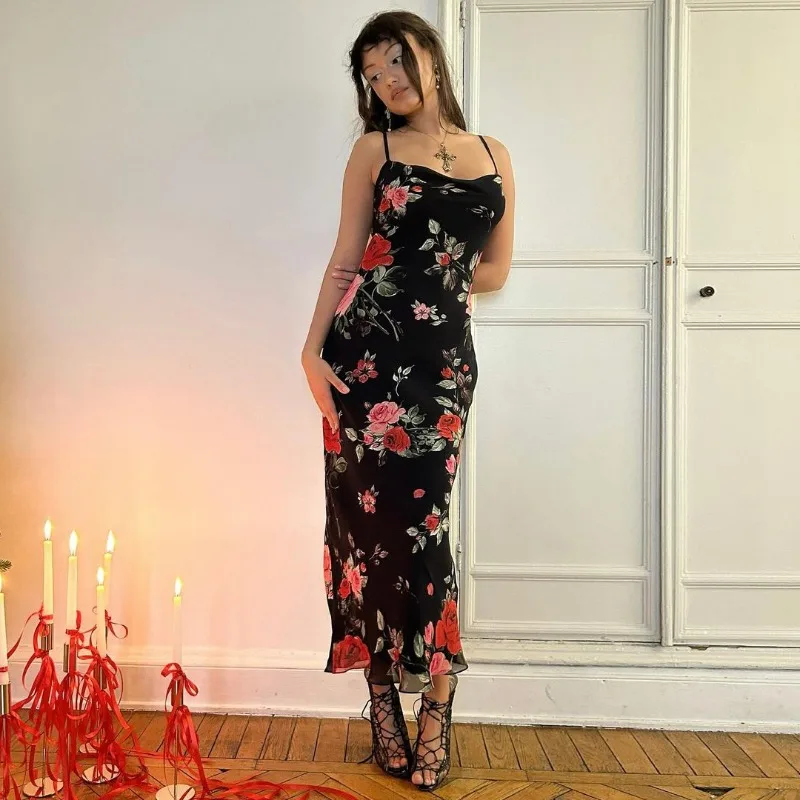 Retro Floral Backless Slim Maxi Dress - Image 4