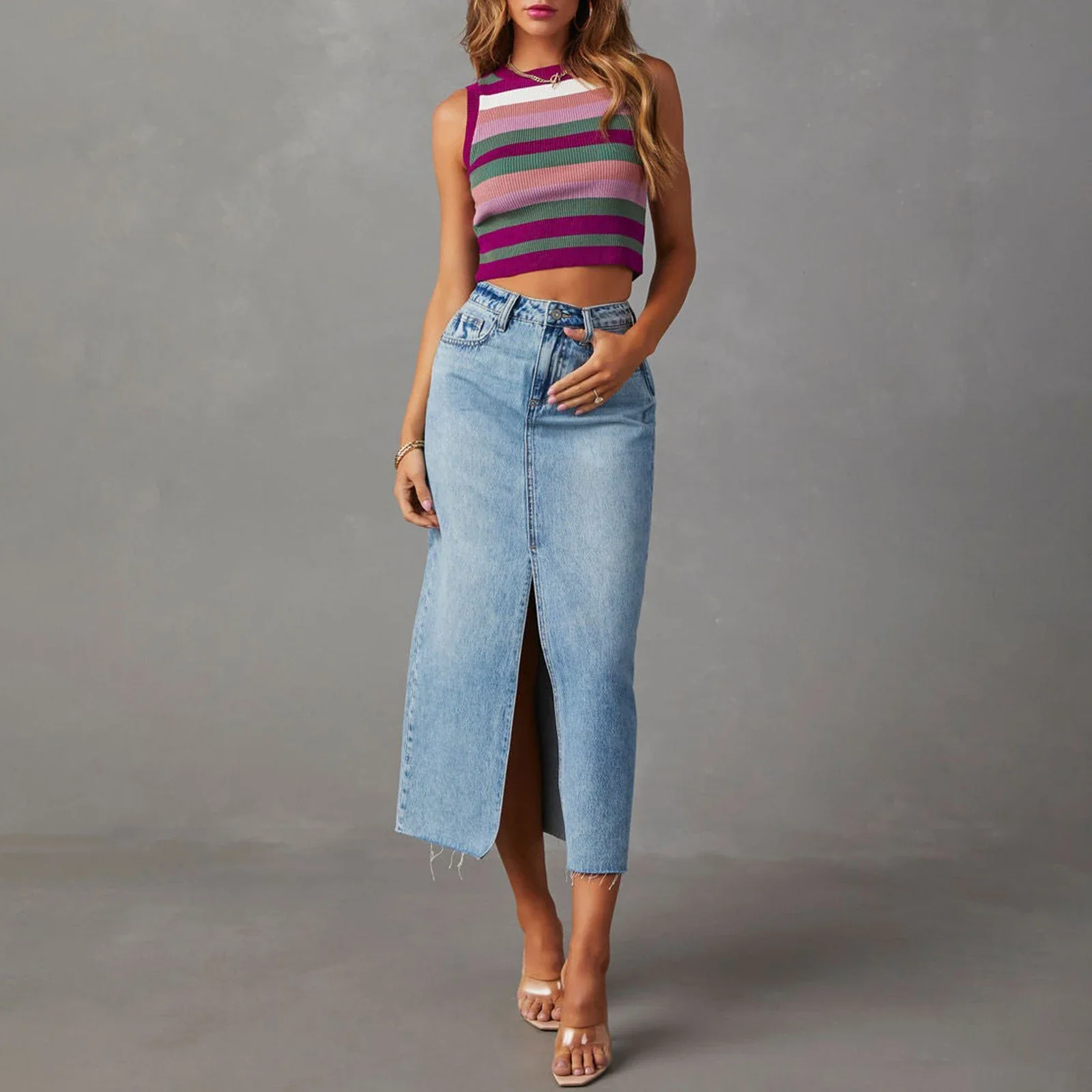 Retro Front Slit High Waist Skirt - Image 4