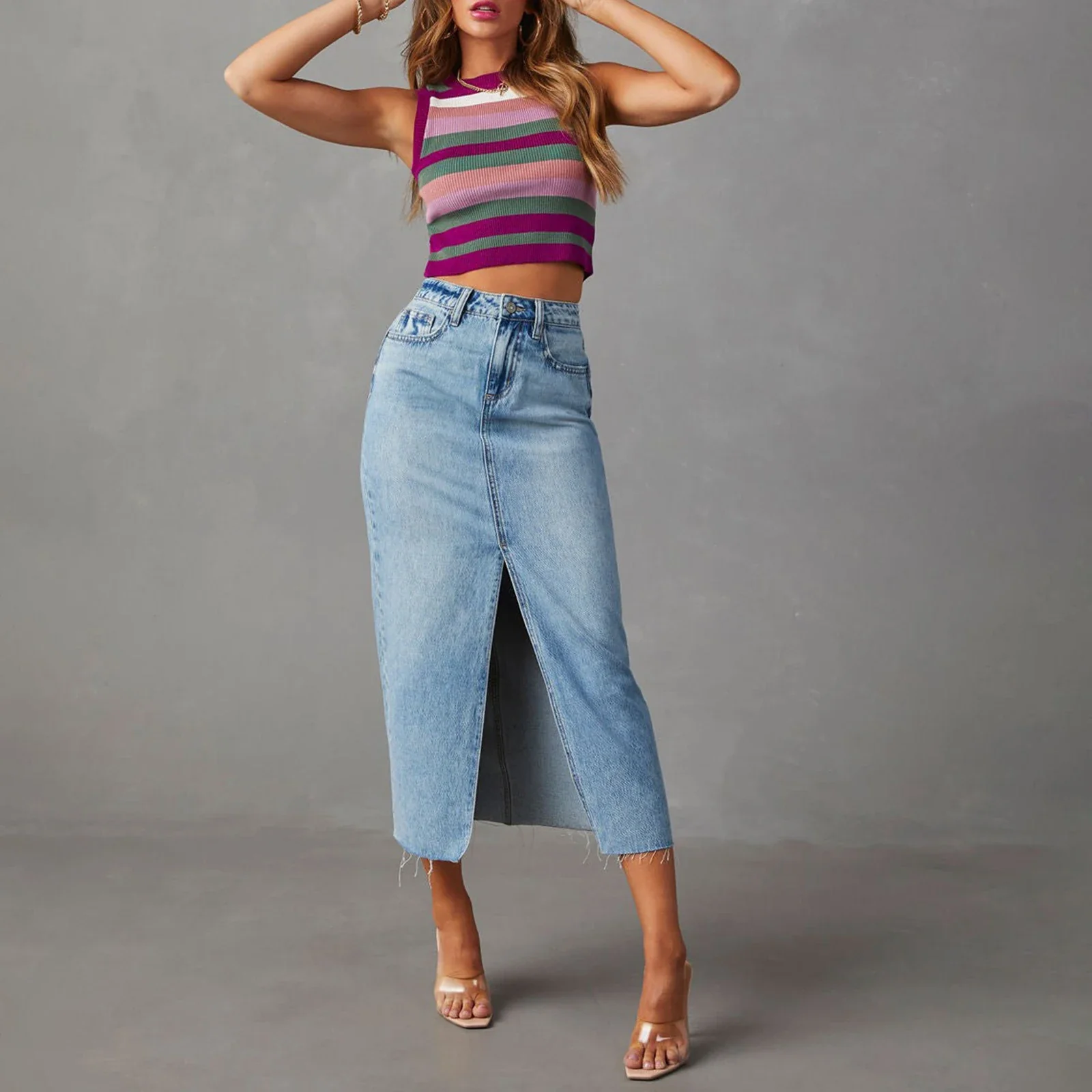 Retro Front Slit High Waist Skirt - Image 6