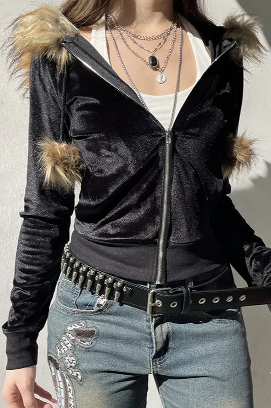 Retro Fuzzy Panel Velvet Zip-Up Hoodie - Image 3