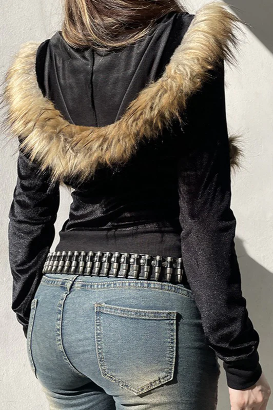 Retro Fuzzy Panel Velvet Zip-Up Hoodie - Image 4