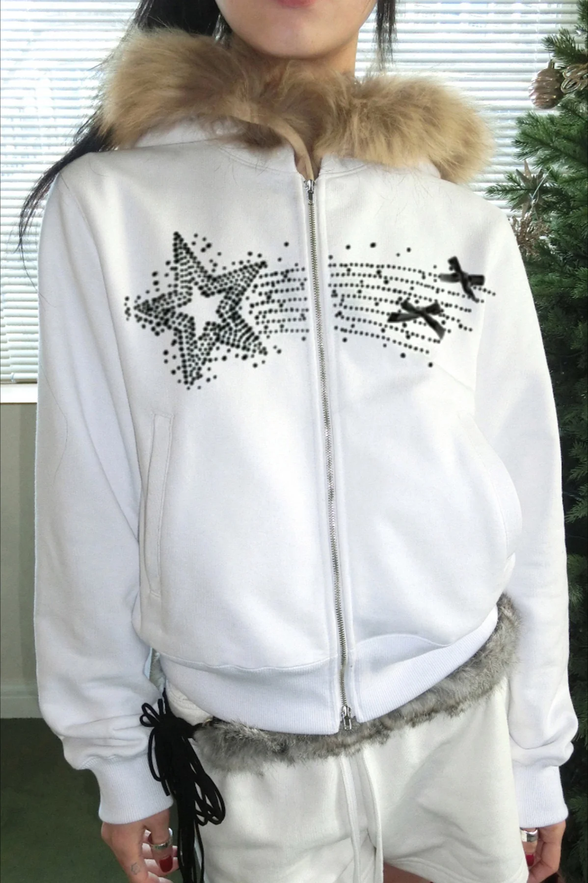 Retro Fuzzy Panel Velvet Zip-Up Hoodie - Image 8