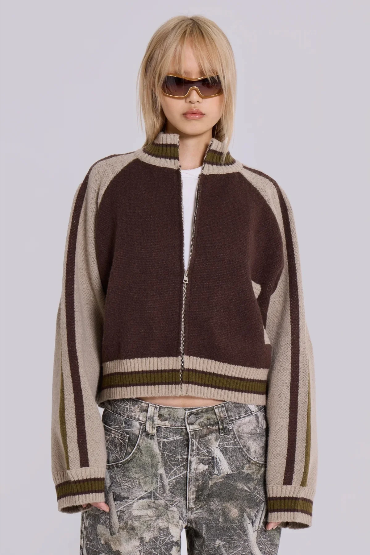 Retro Gothic Colorblock Zip-Up Knit Sweater - Image 2