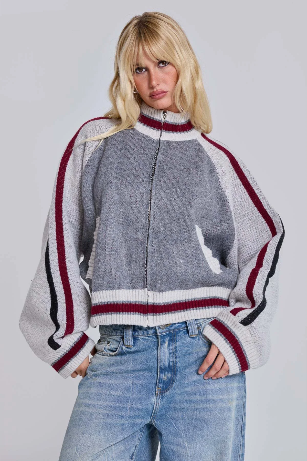 Retro Gothic Colorblock Zip-Up Knit Sweater - Image 4