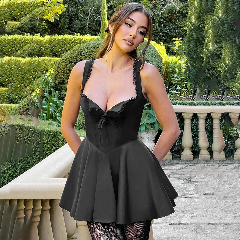 Retro Plunge Lace Up Black Mini Dress - Image 6