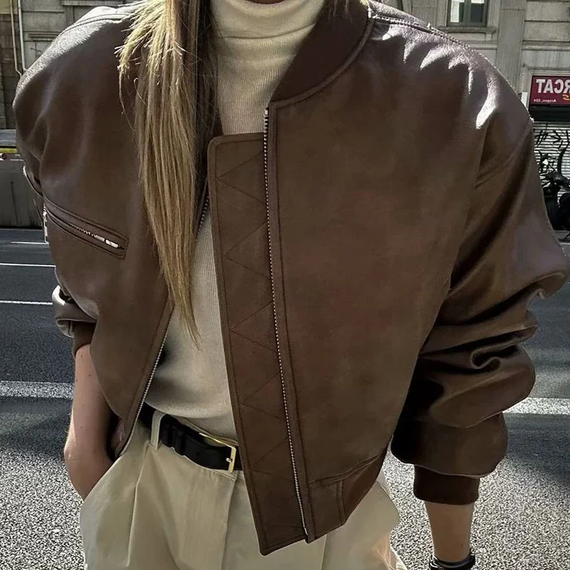 Retro PU Cotton Short Zip Up Coat - Image 2