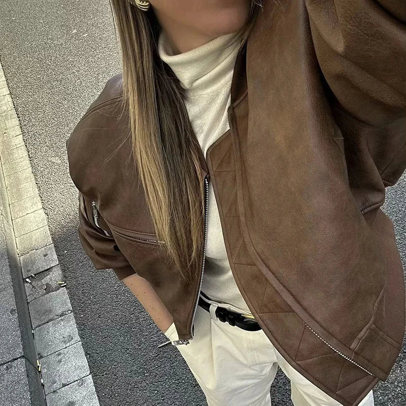 Retro PU Cotton Short Zip Up Coat - Image 3
