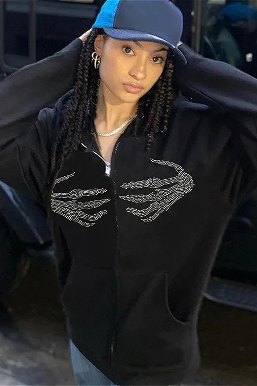 Retro Skull Hand Print Zip-Up Hoodie - Image 2