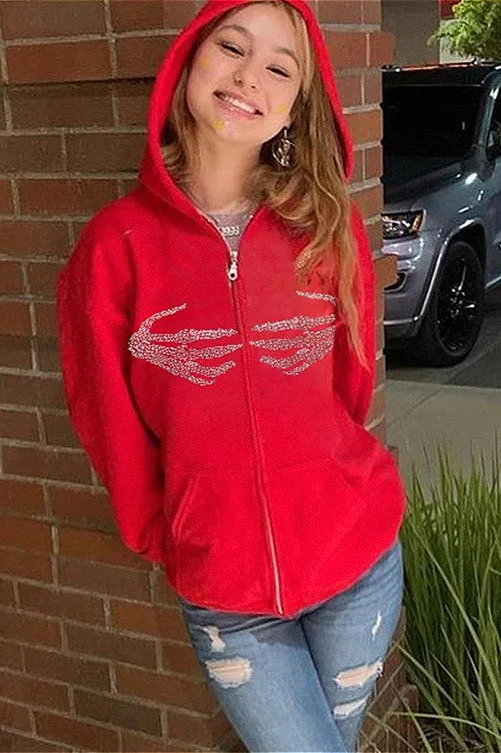 Retro Skull Hand Print Zip-Up Hoodie - Image 4