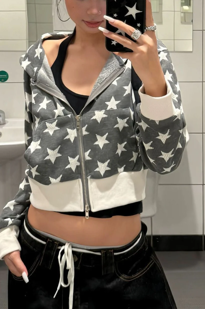Retro Star Print Short Hoodie - Image 2