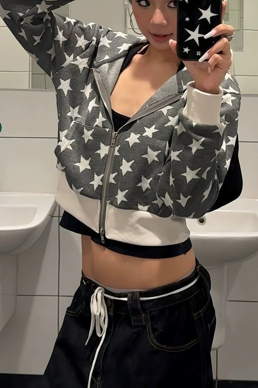 Retro Star Print Short Hoodie - Image 3