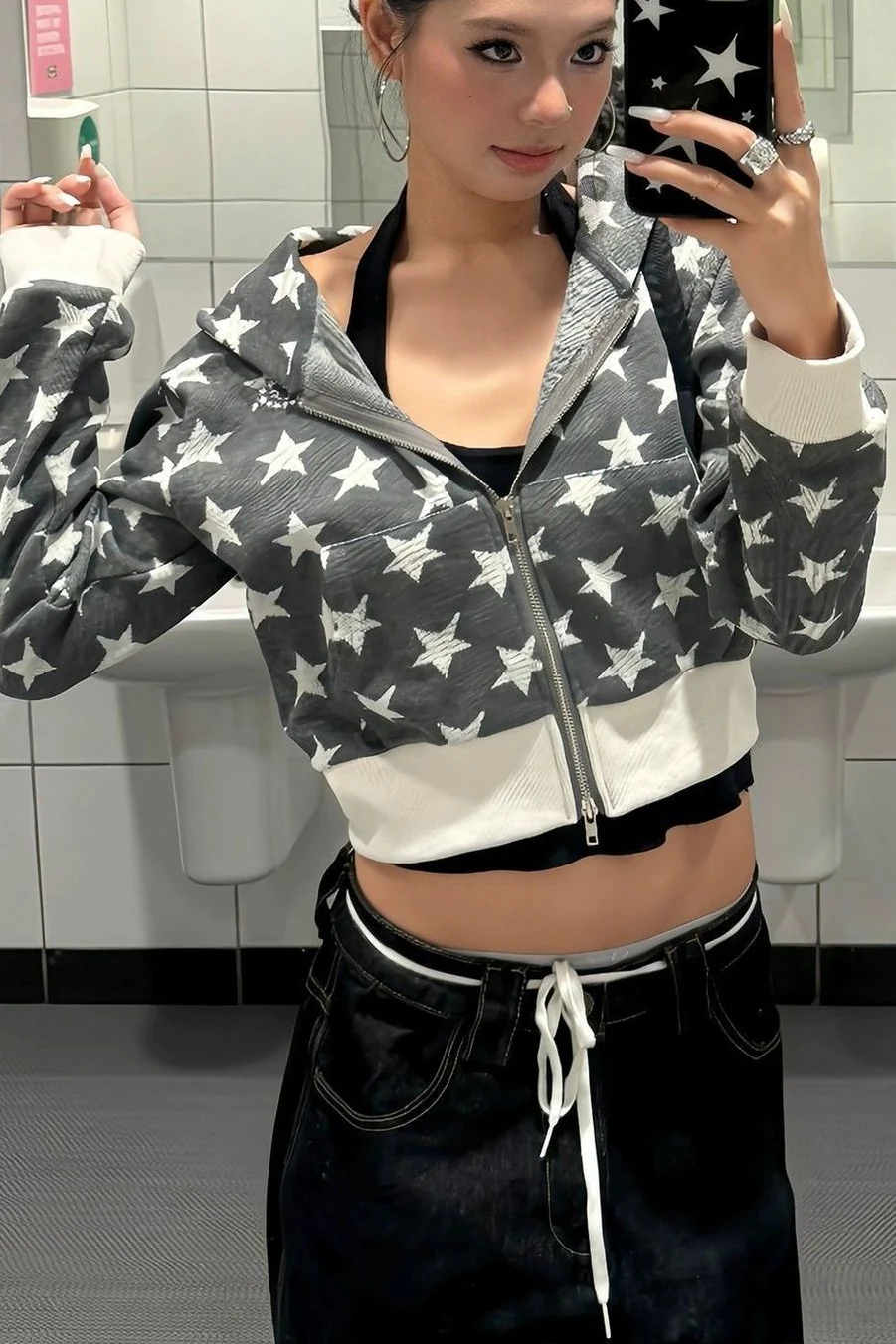 Retro Star Print Short Hoodie - Image 4