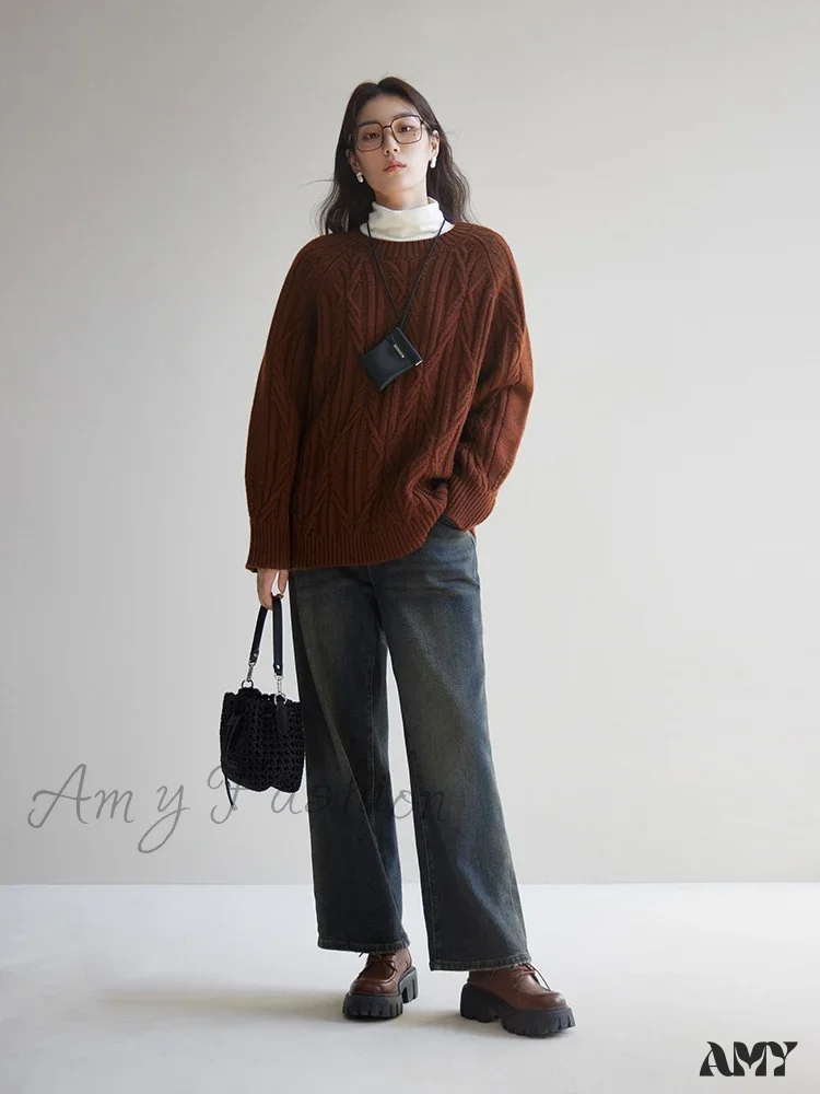 Retro Twisted Flower Full Sleeve Brown Casual Loose Sweater - Image 2