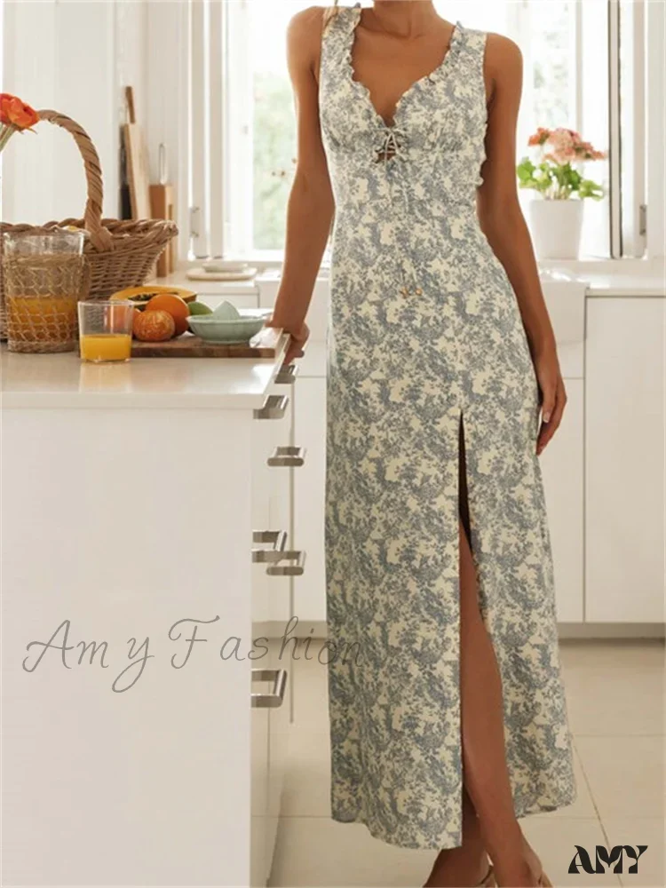 Amy Fashion - Retro Women Floral Print  Sleeveless V Neck Front Lace-up High Split Spring Summer Backless Vestidos