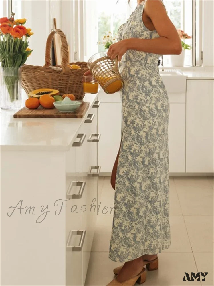 Amy Fashion - Retro Women Floral Print  Sleeveless V Neck Front Lace-up High Split Spring Summer Backless Vestidos - Image 3