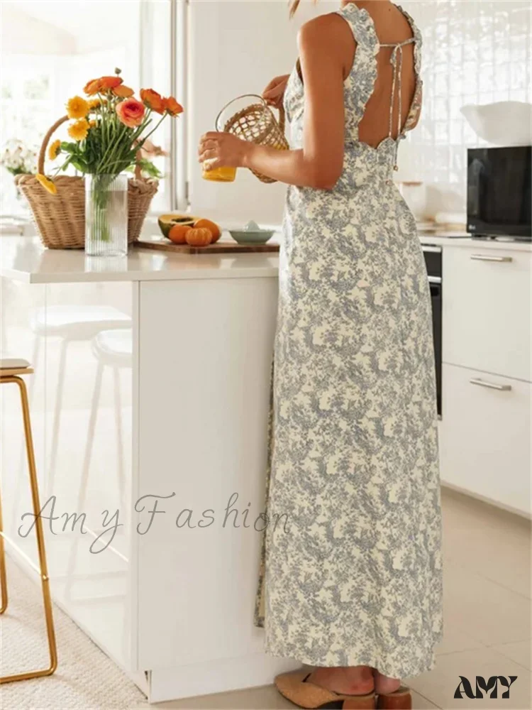 Amy Fashion - Retro Women Floral Print  Sleeveless V Neck Front Lace-up High Split Spring Summer Backless Vestidos - Image 5