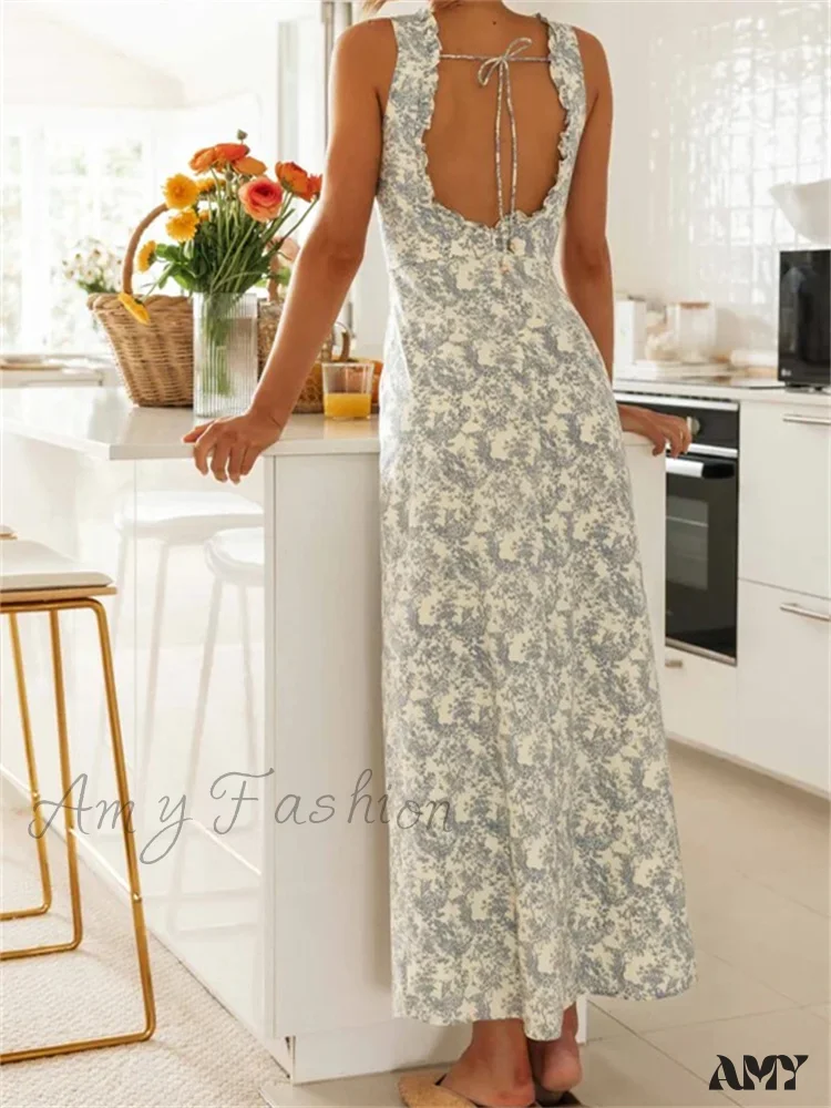 Amy Fashion - Retro Women Floral Print  Sleeveless V Neck Front Lace-up High Split Spring Summer Backless Vestidos - Image 6