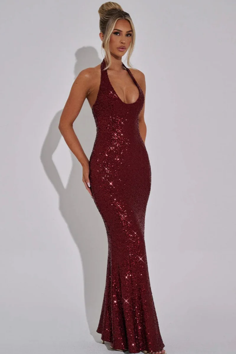 Rhinestone Halter Sleeveless Ruched Party Dress - Image 4