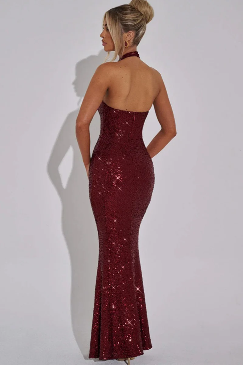 Rhinestone Halter Sleeveless Ruched Party Dress - Image 5