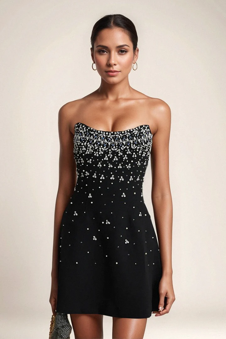 Rhinestone Strapless Bandage Ruched Party Dress - Image 5