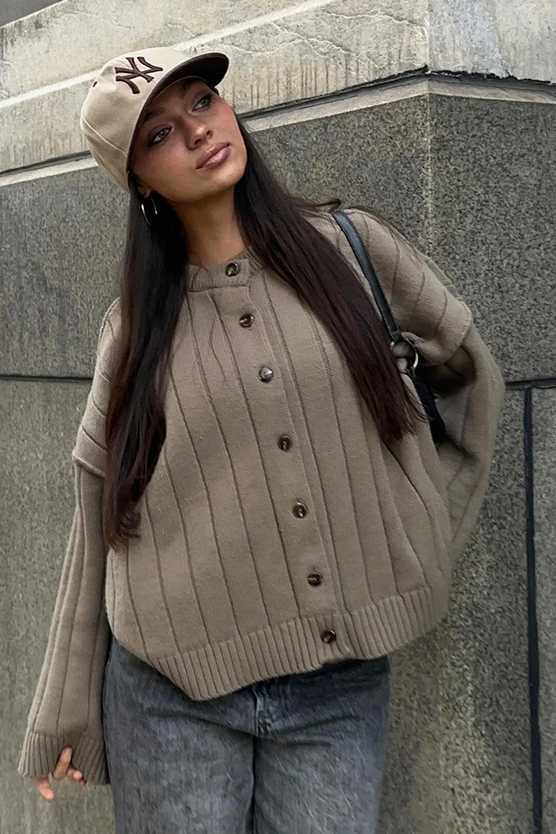 Ribbed Crew Neck Loose Cardigan - Image 5