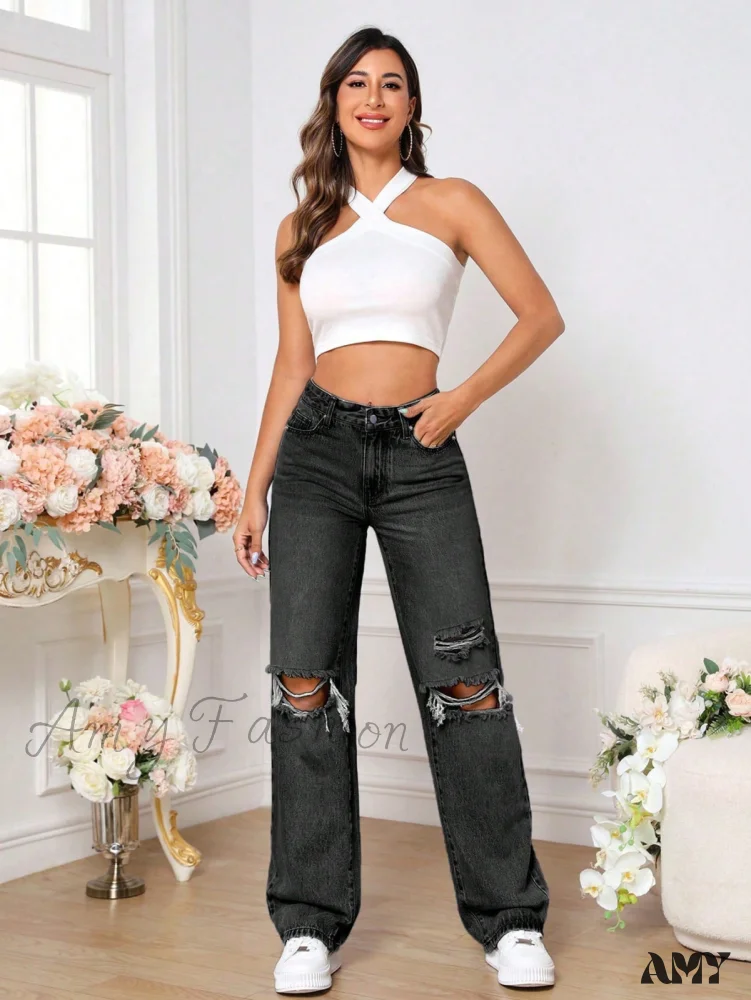Amy Fashion - Ripped Straight Leg Jeans - Image 4