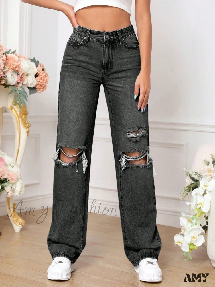 Amy Fashion - Ripped Straight Leg Jeans - Image 5