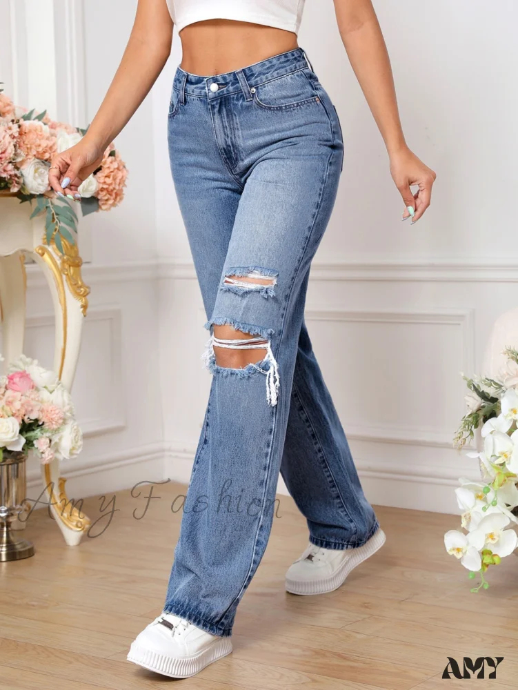 Amy Fashion - Ripped Straight Leg Jeans - Image 7